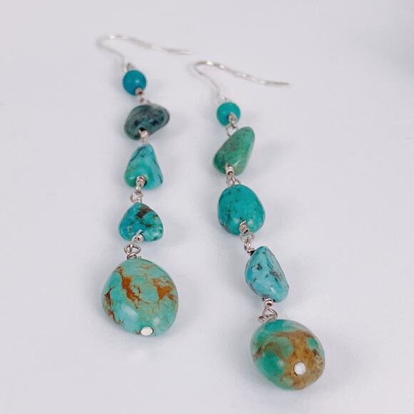 Lightweight Sterling Silver Turquoise-Hued Howlite Stone Long Dangle Earrings - Picture 4 of 11
